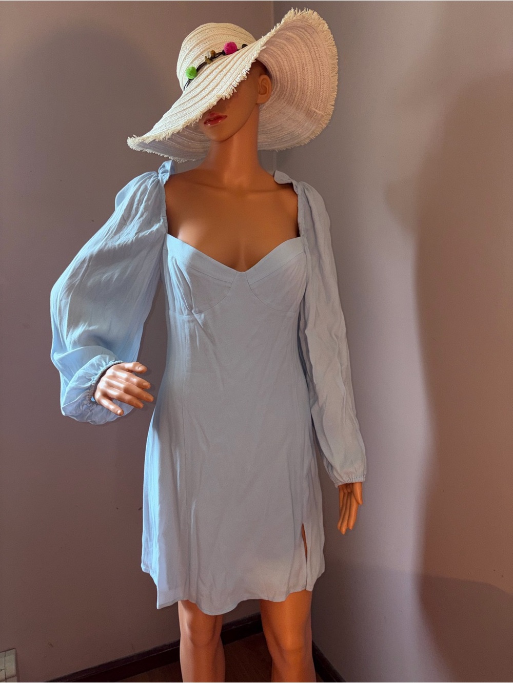 Wilfred Light Blue Sweetheart Mini Dress with Puff Sleeves